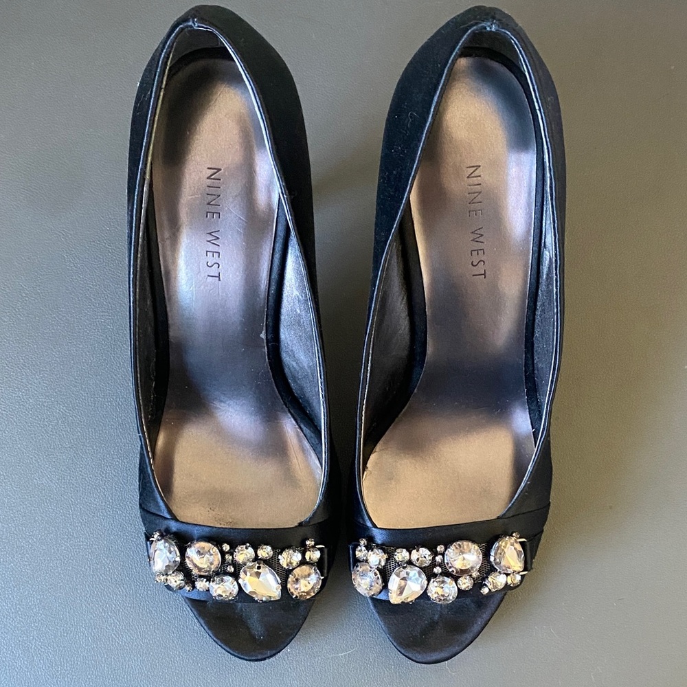 Nine West Black Satin Heels with Crystal Embellishments